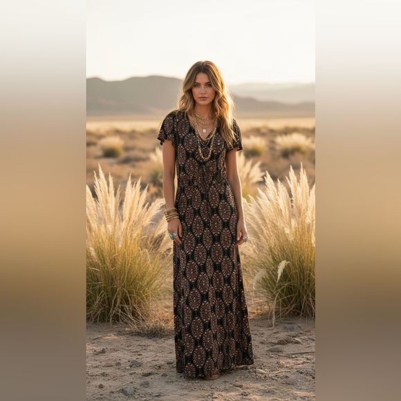 As U Wish Dresses & Skirts - As U Wish Boho Medallion Maxi Dress M Short Sleeve V-Neck